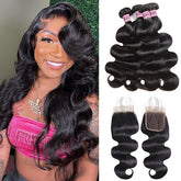 10A Peruvian Body Wave Virgin Human Hair 4 Bundles With 4*4 Lace Closure